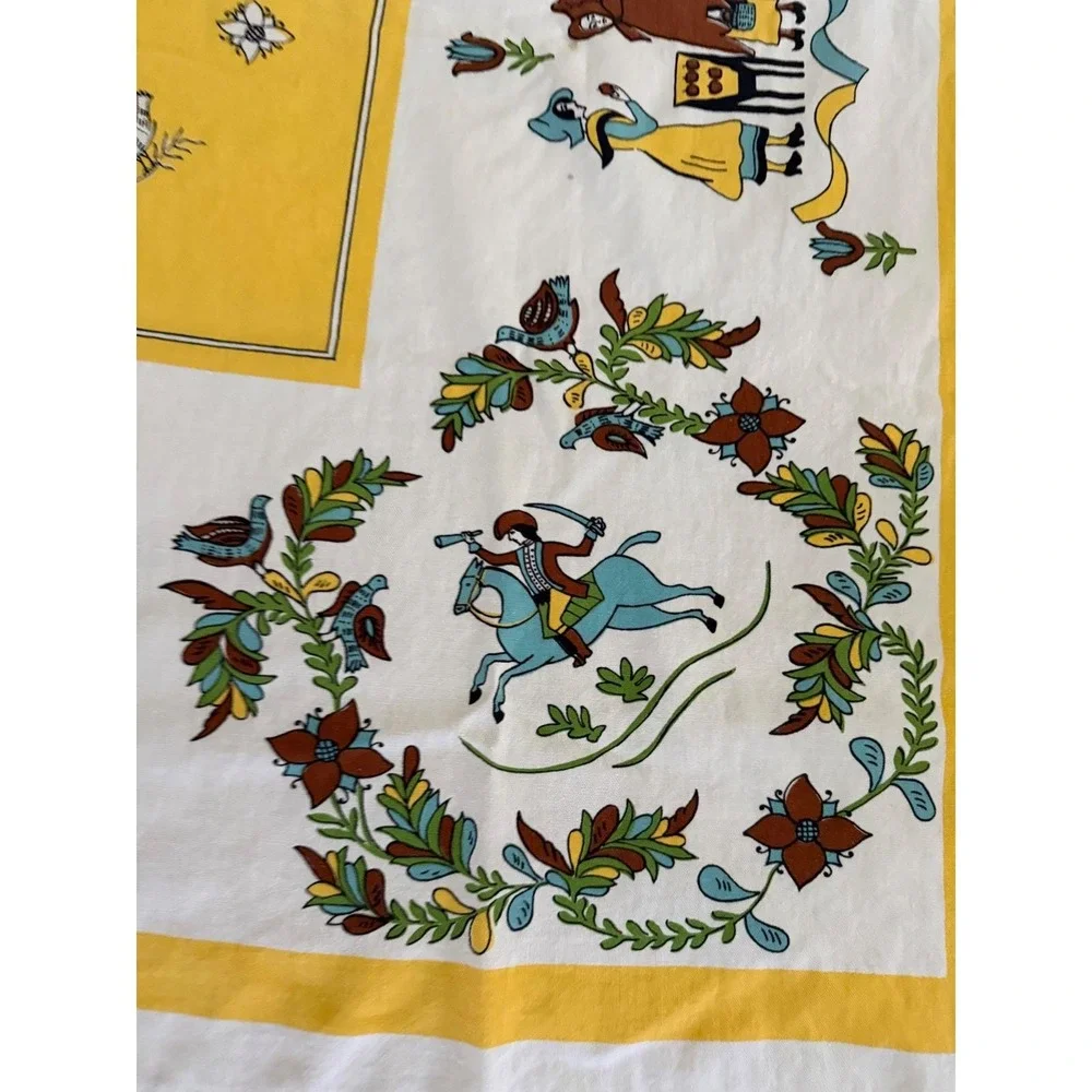 Vintage Folk Art Tablecloth Yellow Dutch Figures Floral Wreath 50x62 Rectangular